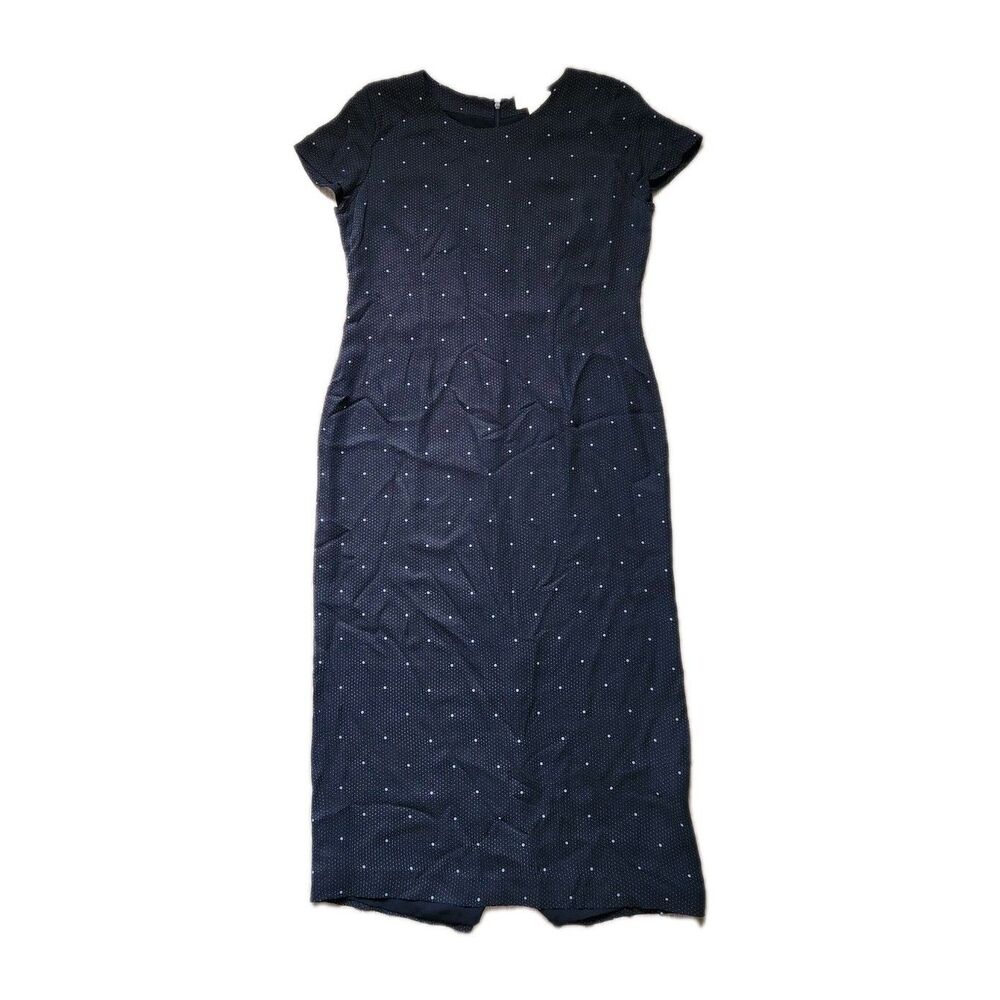 Petite Sophisticate 100% Silk Midi Dress Blue Polkw Dot Short Sleeve Sz 12 EUC